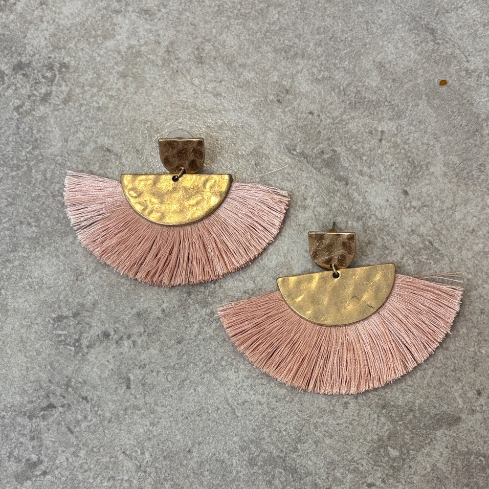 Gold and Pink Fan Tassel Earrings